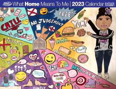 What Home Means to Me 2023 Calendar Cover shows a girl pointing to all the things that mean home to her. 