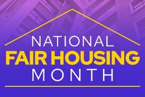 Outline of a house in the background with text that reads National Fair Housing Month.