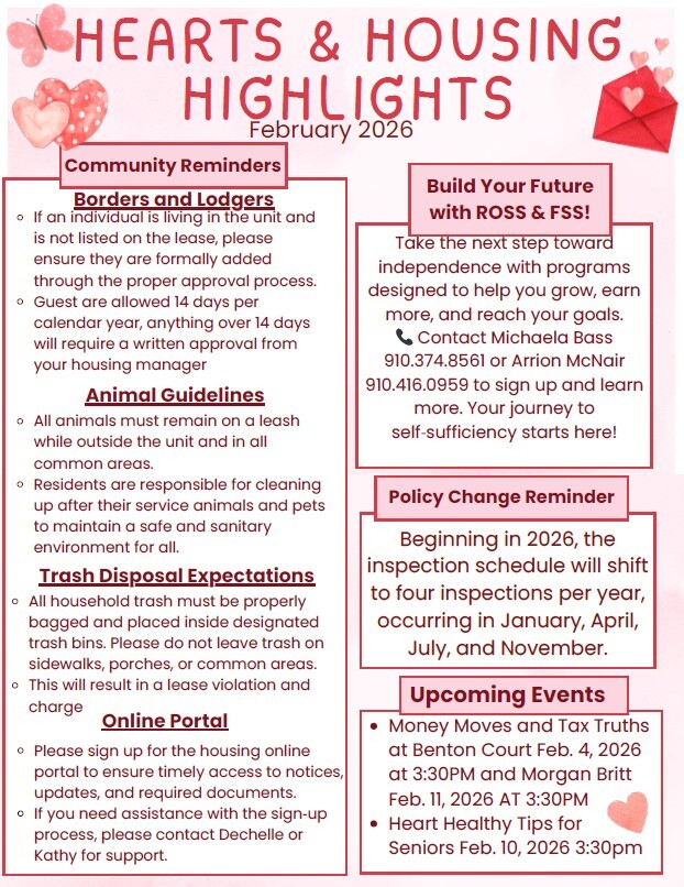 Hearts and Housing February 2026 Newsletter. All information as listed above.