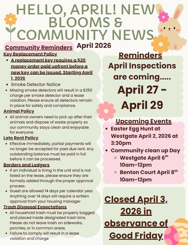April 2026 Newsletter. All information as listed below.