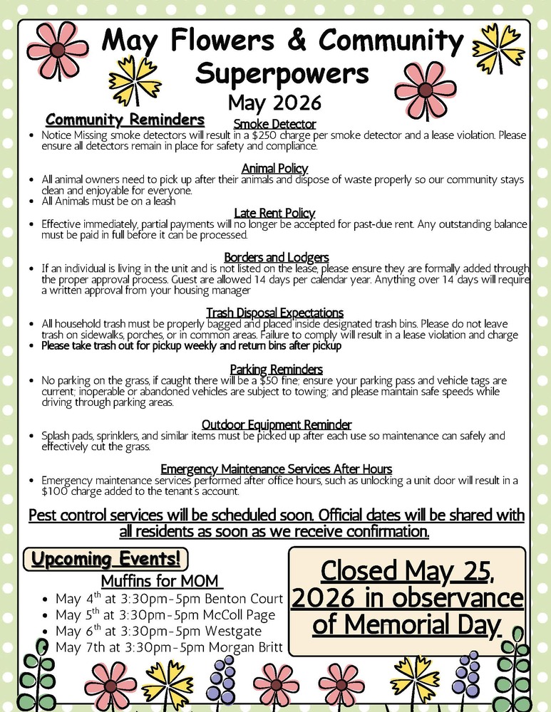 May Newsletter 2026 flyer, the text on the flyer is in the text below.