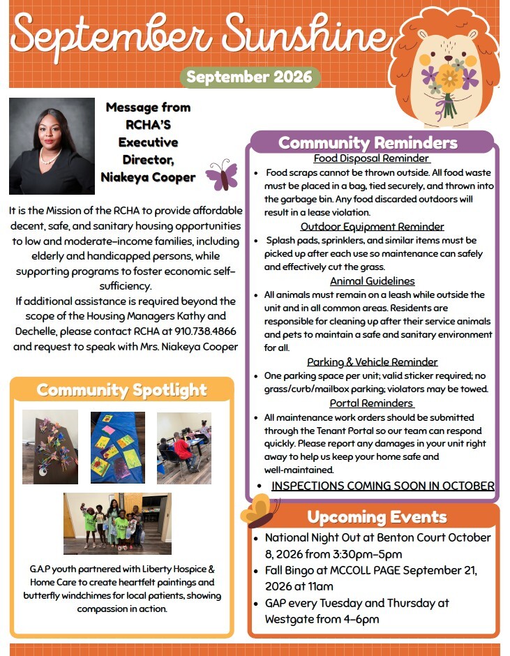 September 2026 Newsletter. All information as listed below.