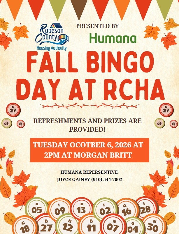 Fall Bingo Day at RCHA flyer. All information as listed below.